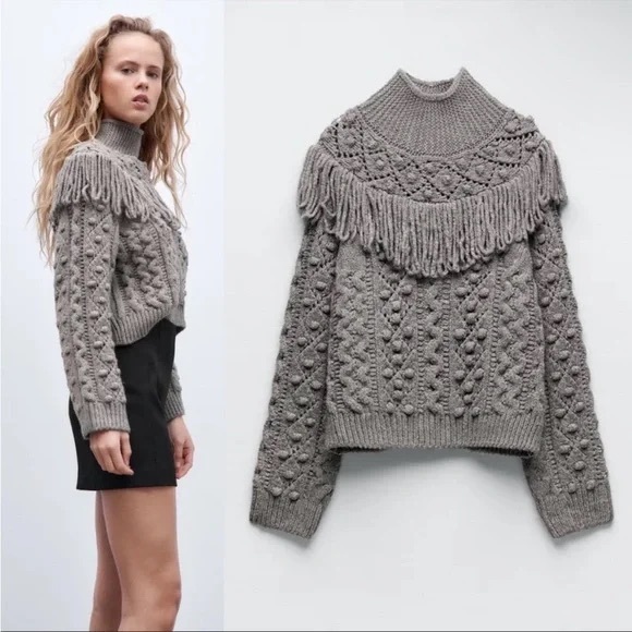 Zara Sweaters - Zara Gray Chunky Cable Knit Cropped Turtleneck Sweater w/ Fringe Details (Small)